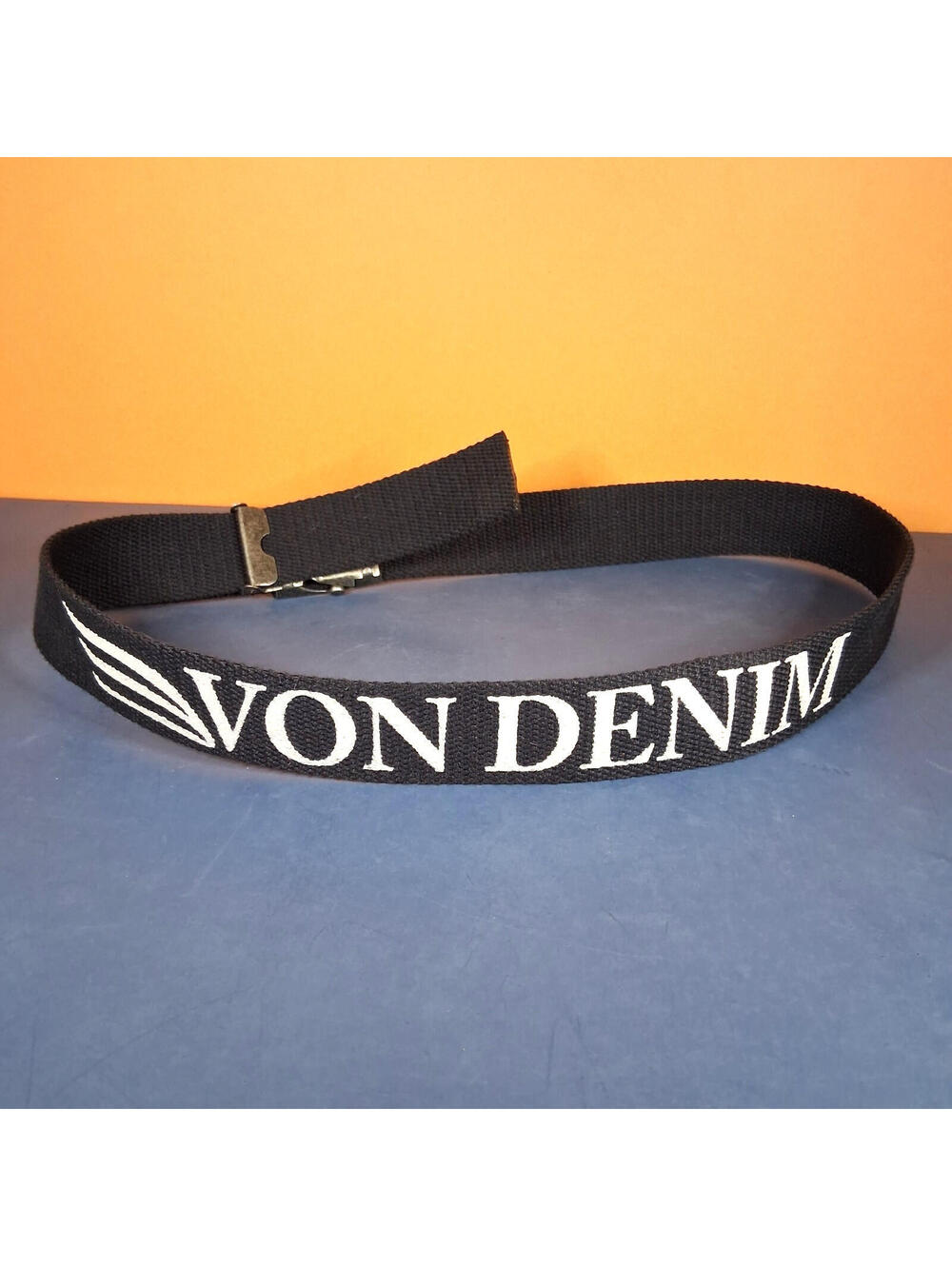 Von Denim Black Webbed Adjustable Belt With Flat Metal Buckle Fits Up To Mens 36